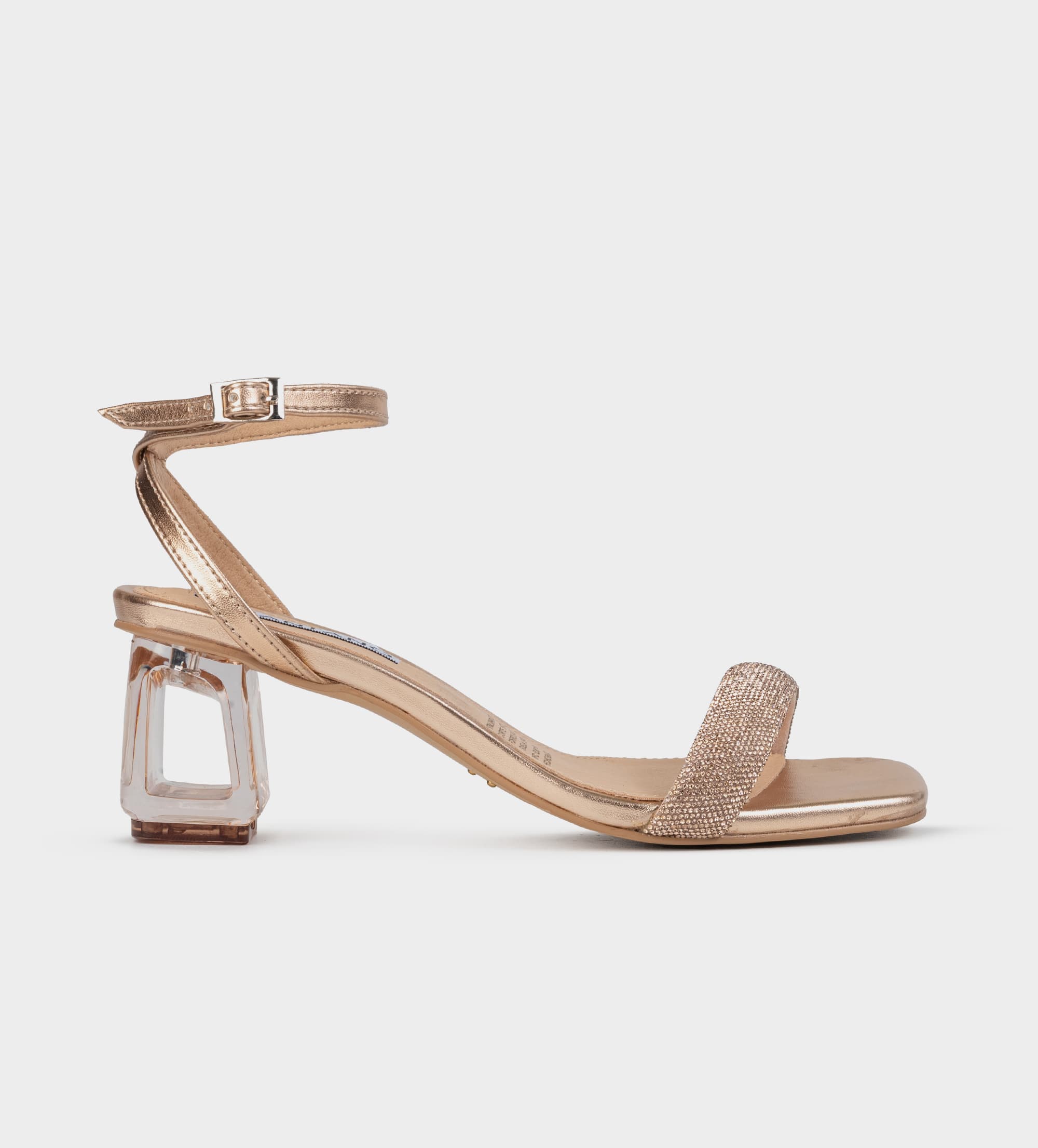 SANDALIA TACÓN TRANSPARENTE BRILLOS ORO ROSA
