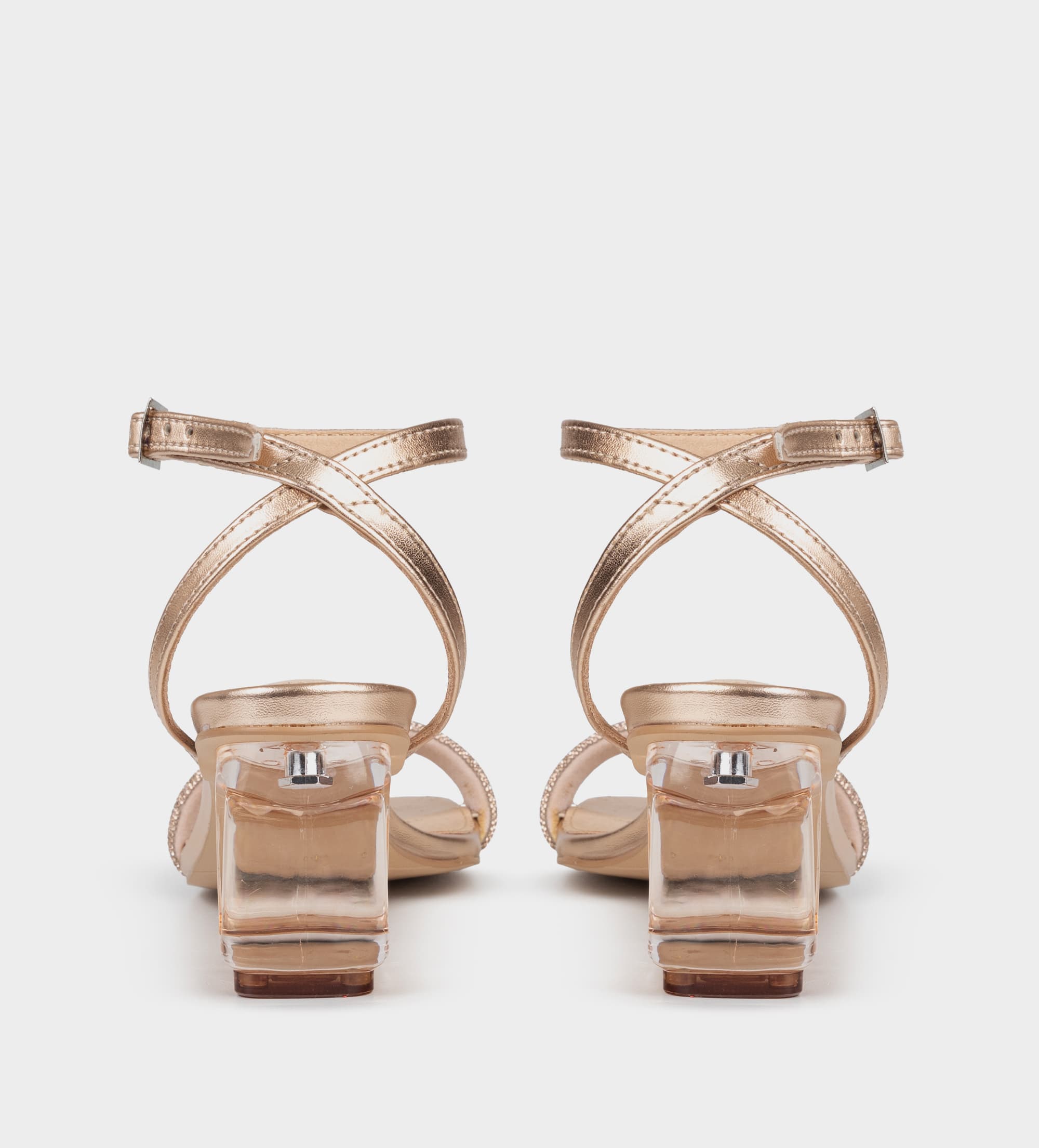 SANDALIA TACÓN TRANSPARENTE BRILLOS ORO ROSA