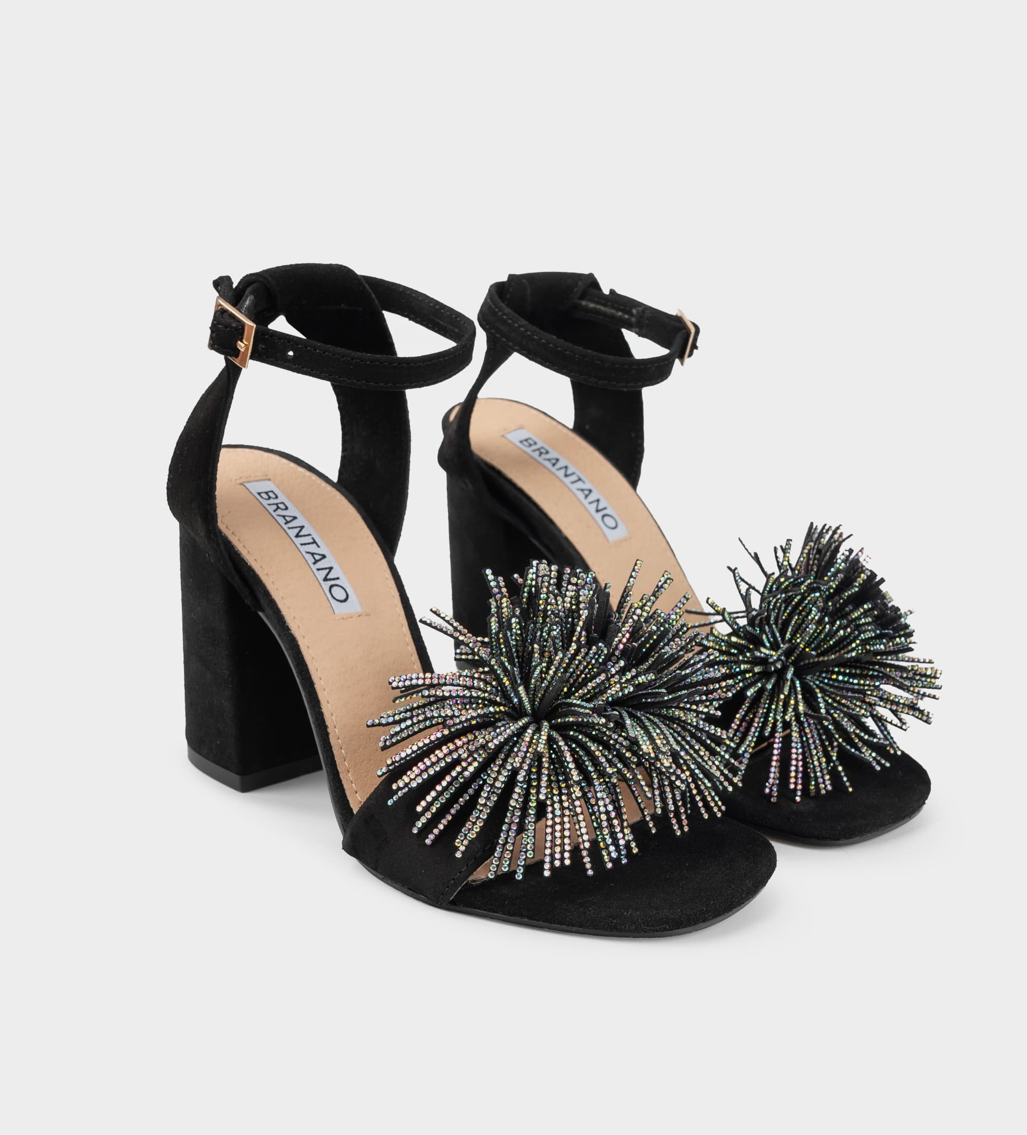 SANDALIA TACÓN BRILLOS PIEL GAMUZA NEGRO