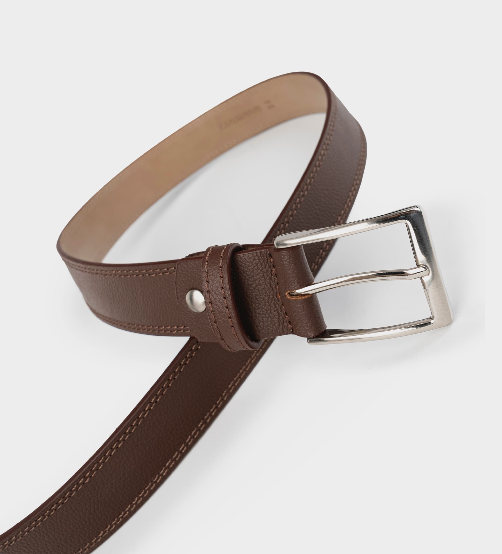 CINTURÓN HERRAJE PLATA PIEL AUTÉNTICA COGNAC