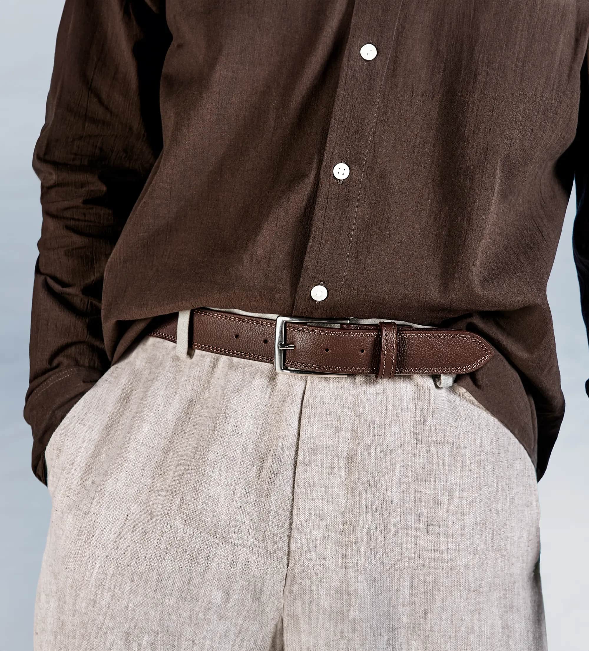 CINTURÓN HERRAJE PLATA PIEL AUTÉNTICA COGNAC