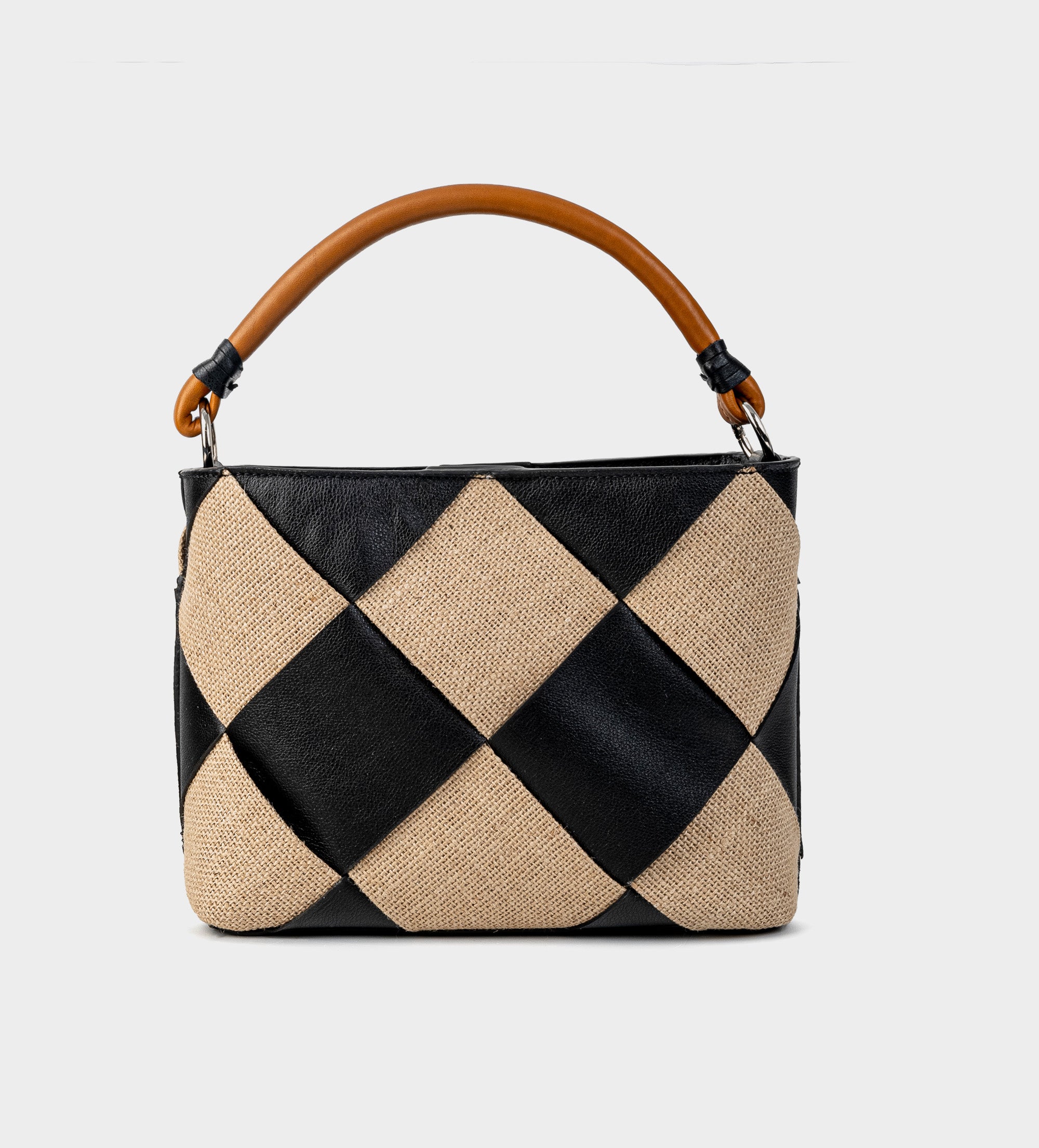 BOLSO TOTE TEJIDO ROMBOS YUTE PIEL NEGRO