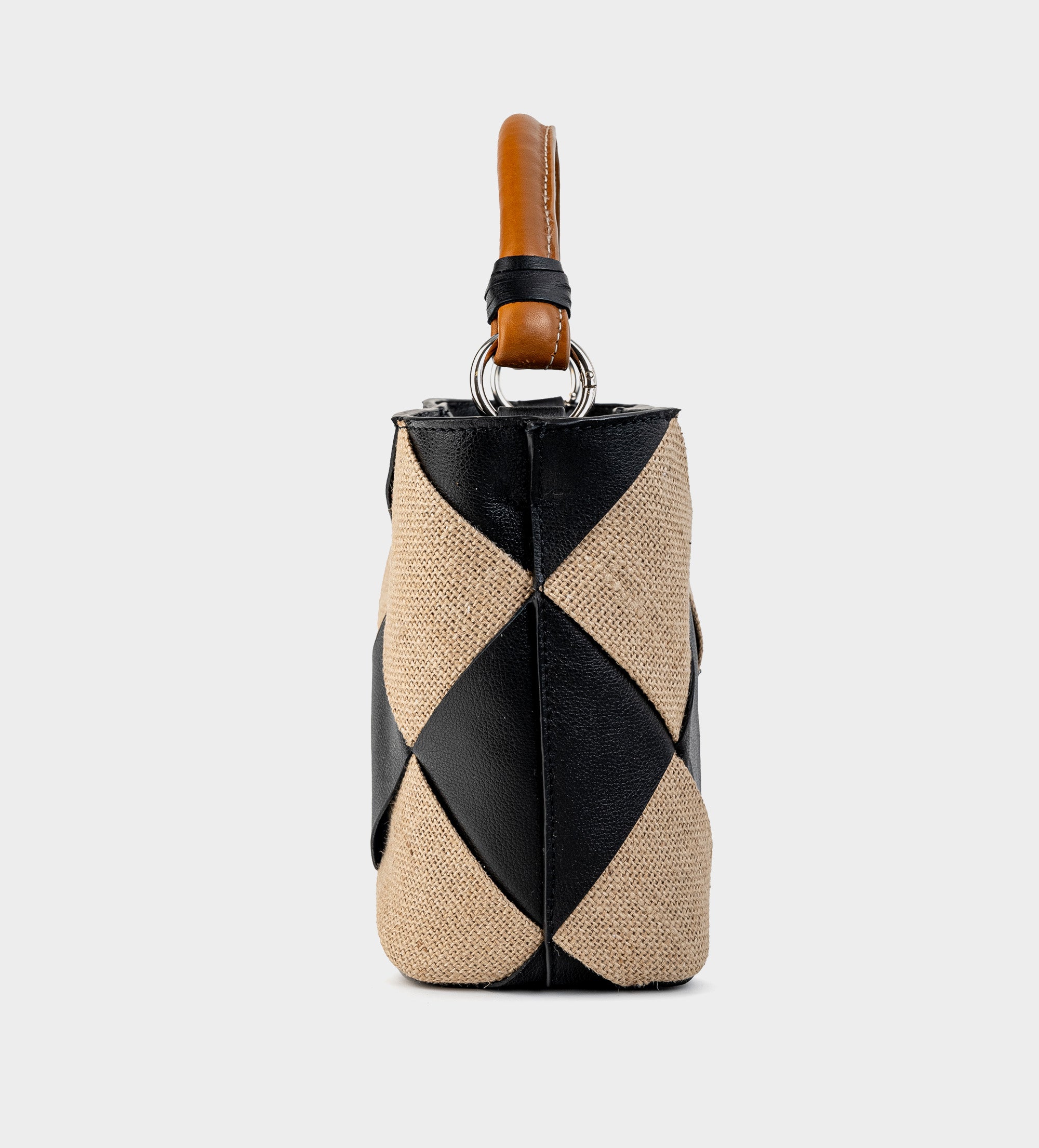 BOLSO TOTE TEJIDO ROMBOS YUTE PIEL NEGRO
