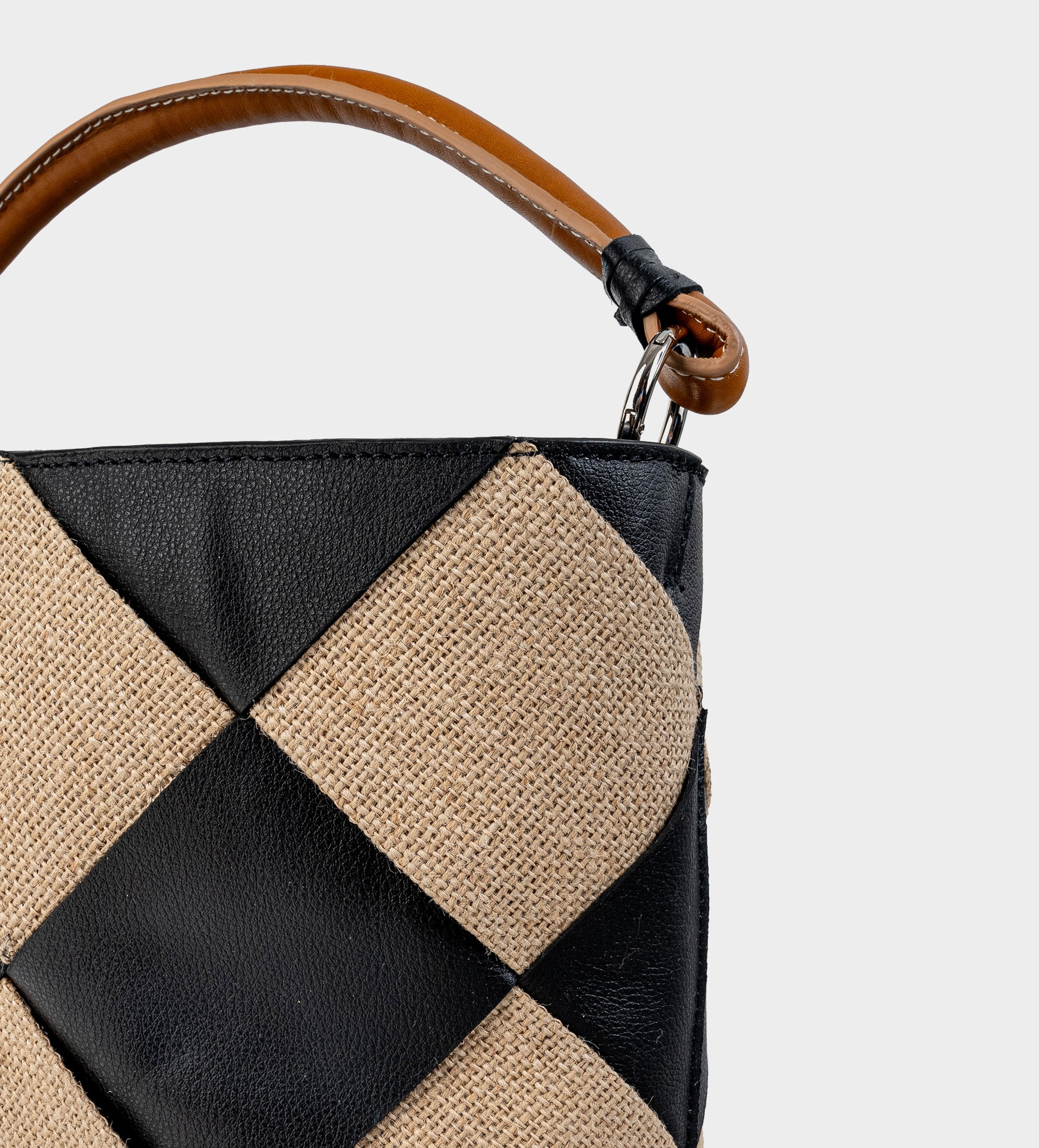 BOLSO TOTE TEJIDO ROMBOS YUTE PIEL NEGRO