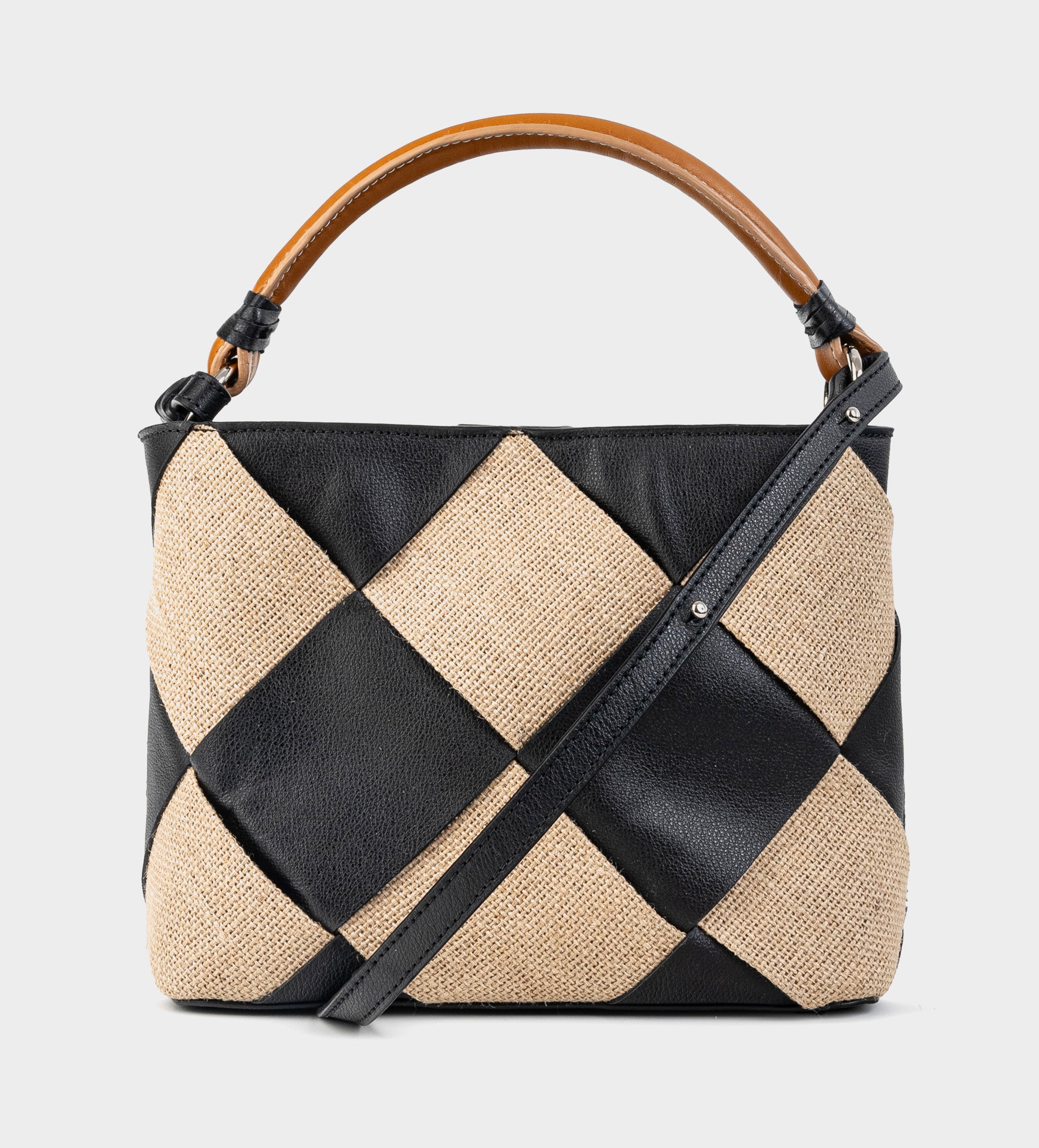 BOLSO TOTE TEJIDO ROMBOS YUTE PIEL NEGRO