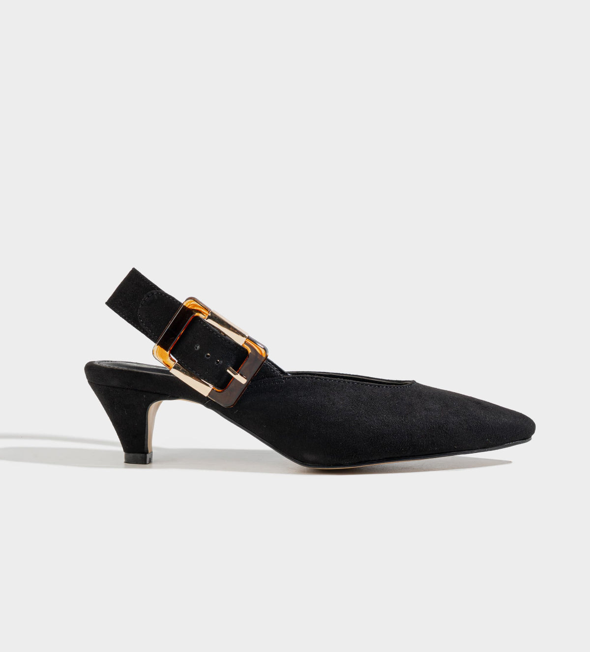 ZAPATILLA DESTALONADA TACÓN KITTEN NEGRO HEBILLA