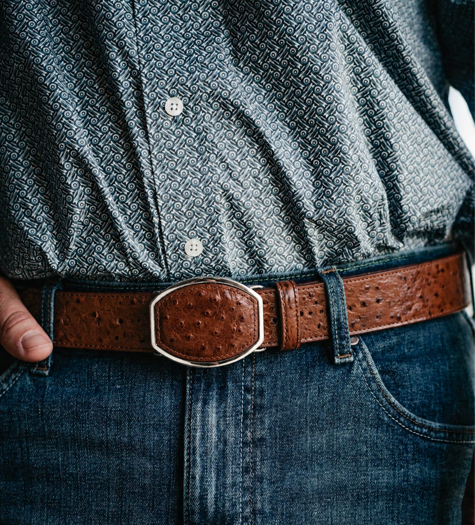 CINTURÓN WESTERN PIEL AVESTRUZ CAFÉ