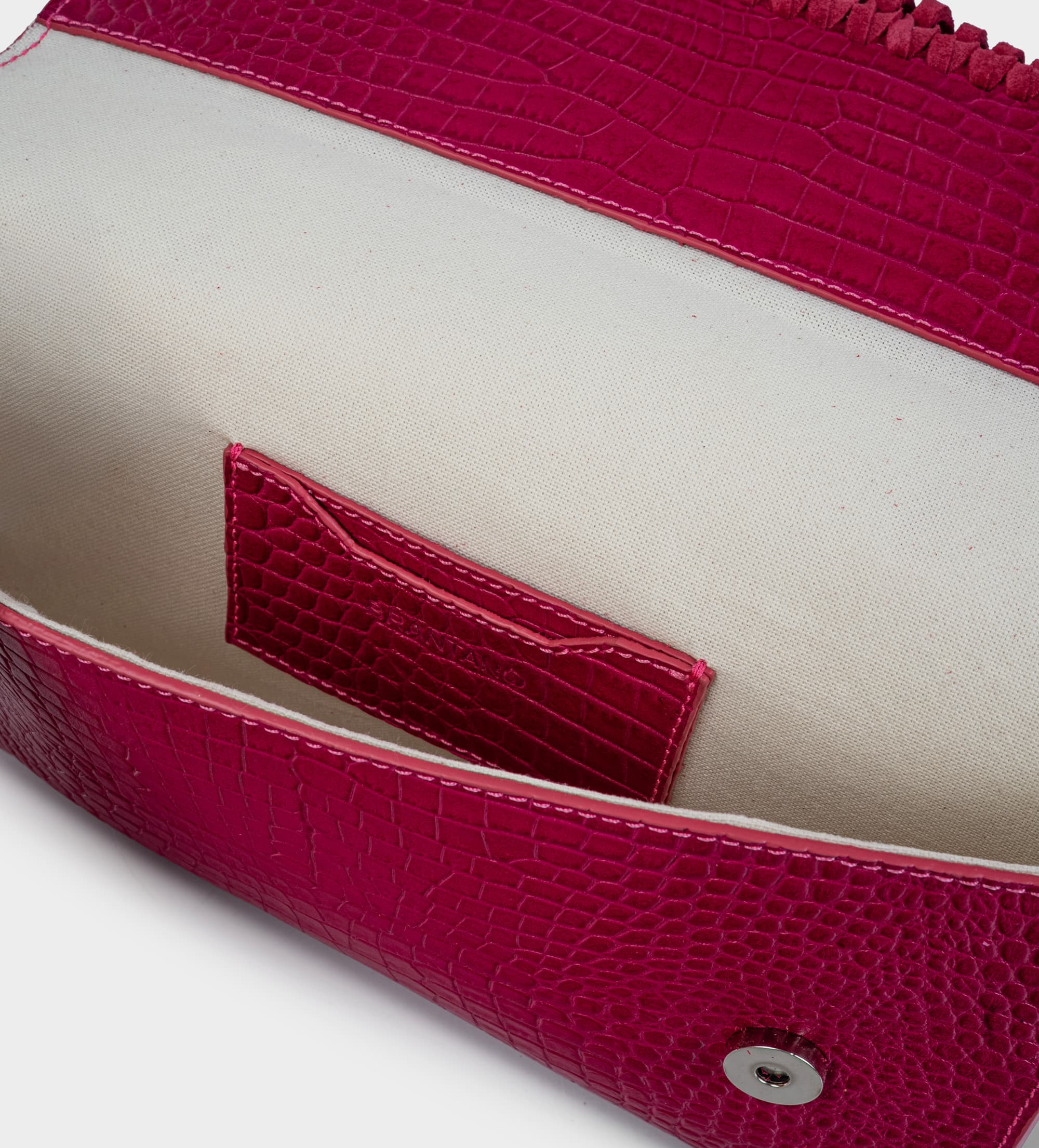 BOLSO CLUTCH FLECOS PIEL ROSA